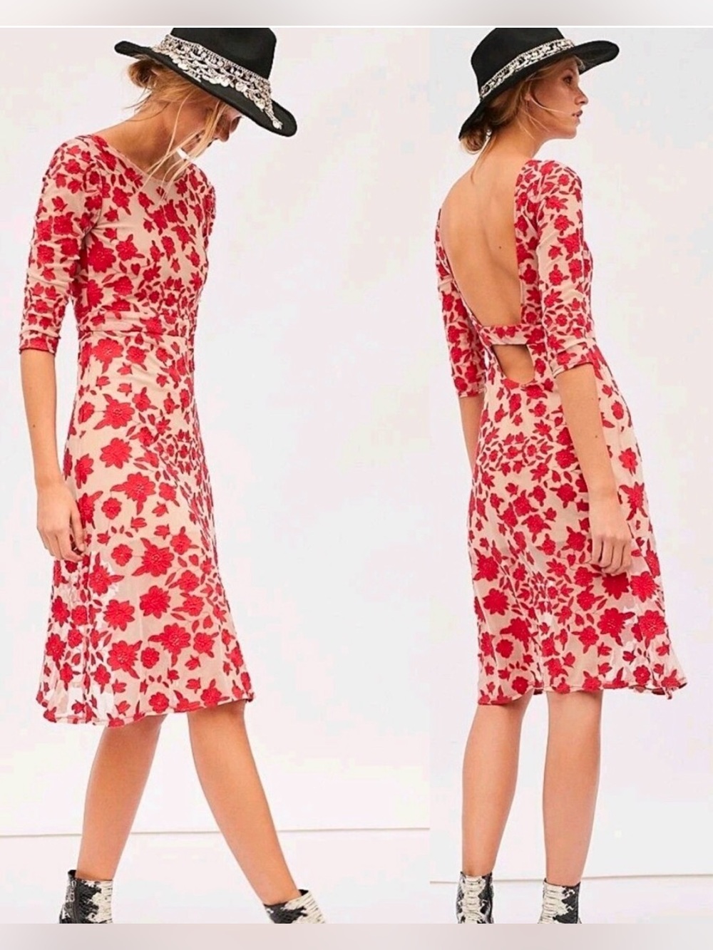 NEW Free People X For Love & Lemons San Marcos Midi Red Roses Embroidered Dress